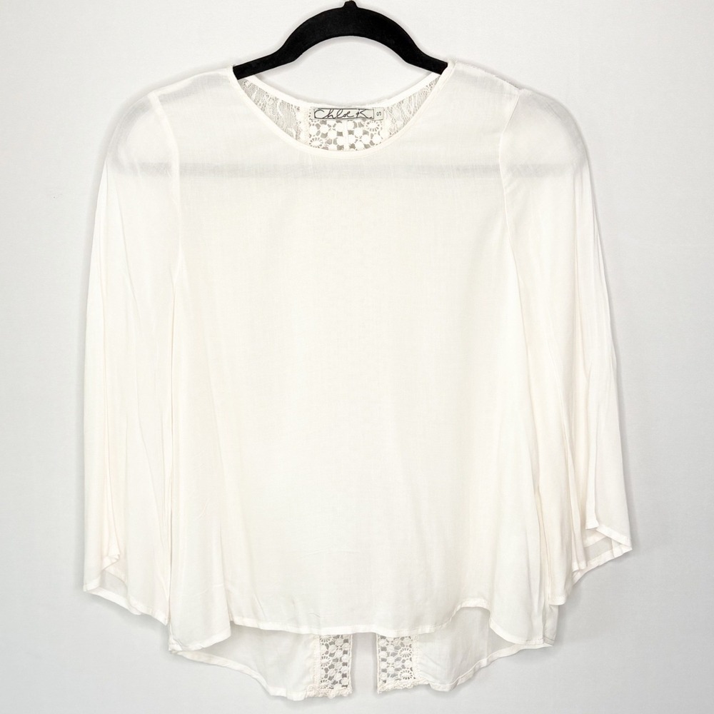 Chloe K Ivory White Crochet Lace Back Bell Sleeve Rayon Blouse Size S